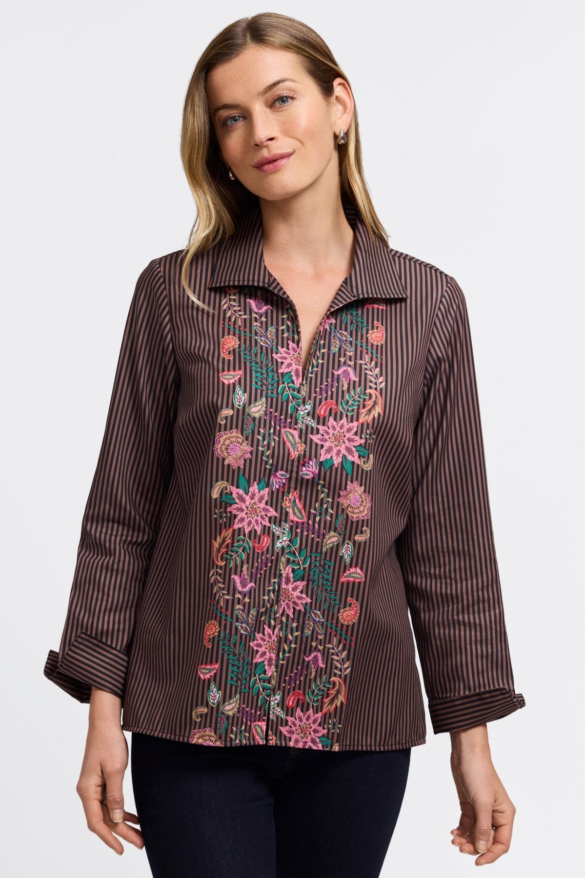 Agnes Brown Stripe Floral Long Sleeve Popover Shirt