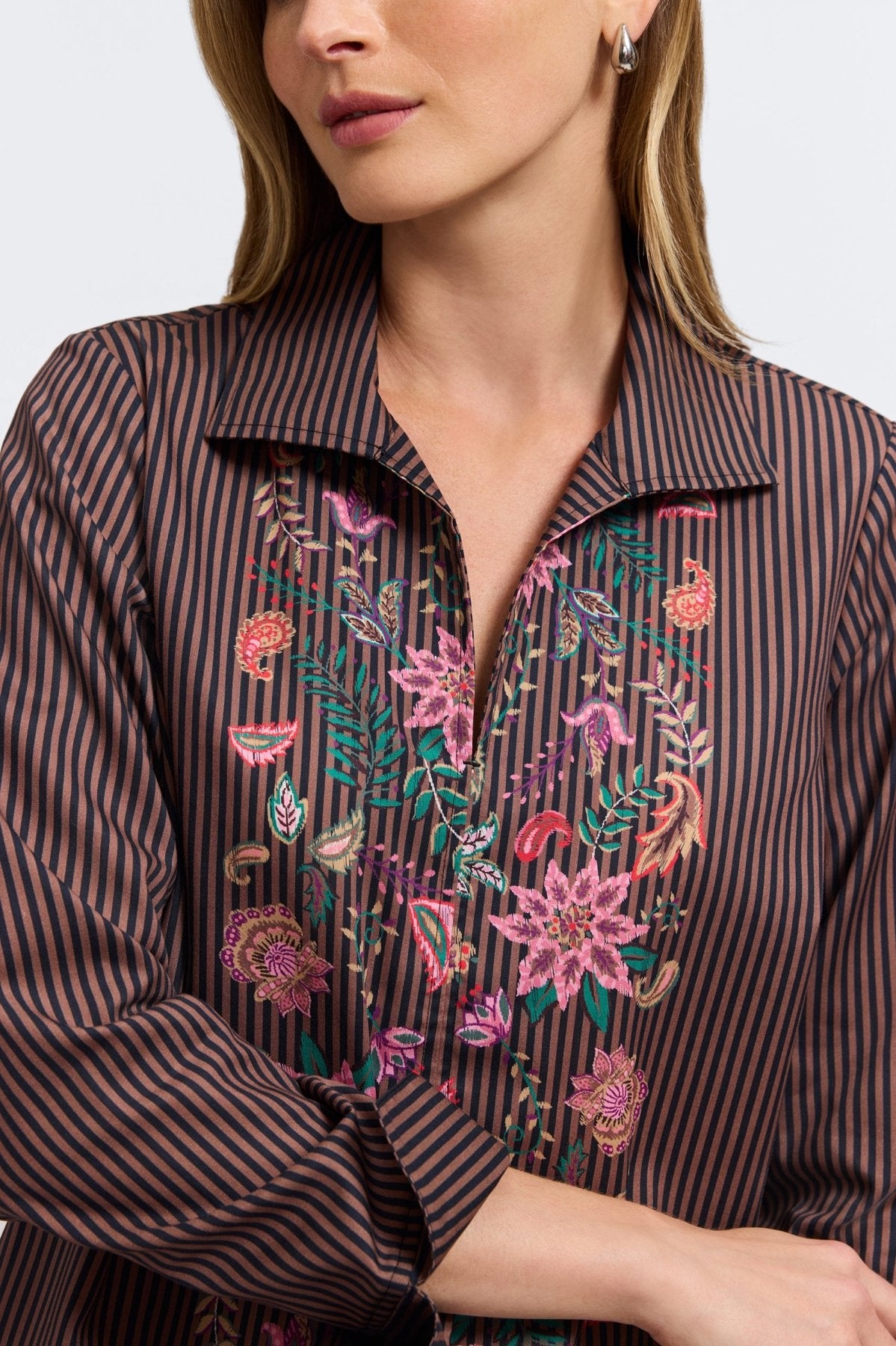Agnes Brown Stripe Floral Long Sleeve Popover Shirt