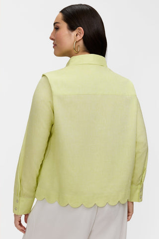 Back view of model wearing the Scarlett Plus Solid Linen Blend Long Sleeve Shirt