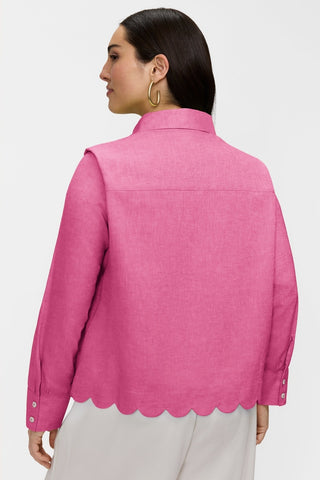 Back view of model wearing the Scarlett Plus Solid Linen Blend Long Sleeve Shirt