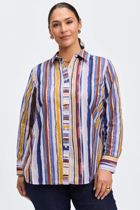 Sophisticated colorful striped Foxcroft no-iron button-up, designed for all-day wrinkle-free wear.