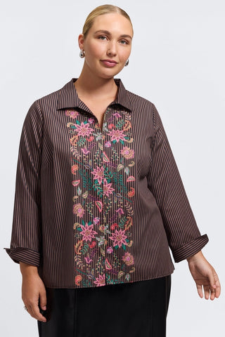 Agnes Plus Brown Stripe Floral Long Sleeve Popover Shirt