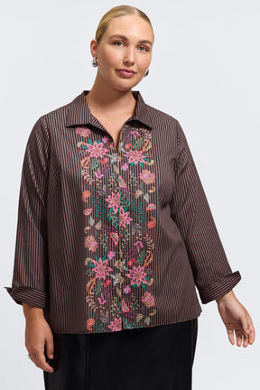 Agnes Plus Brown Stripe Floral Long Sleeve Shirt