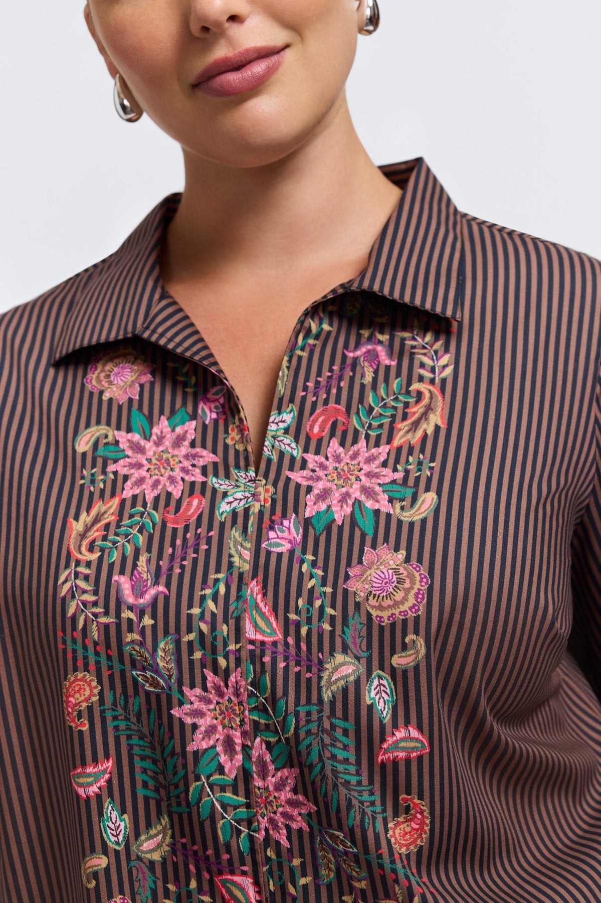 Agnes Plus Brown Stripe Floral Long Sleeve Popover Shirt
