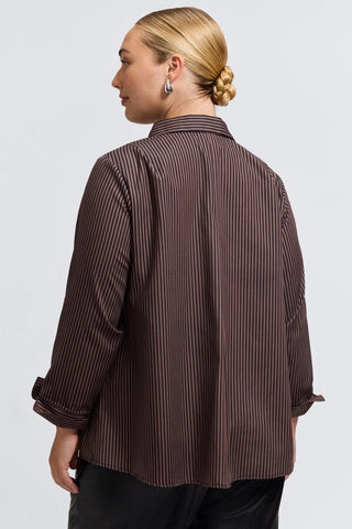 Agnes Plus Brown Stripe Floral Long Sleeve Popover Shirt