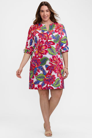 Front view of model wearing the Vena Plus Paradise Blooms 3/4 Sleeve Dress and its flattering silhouette