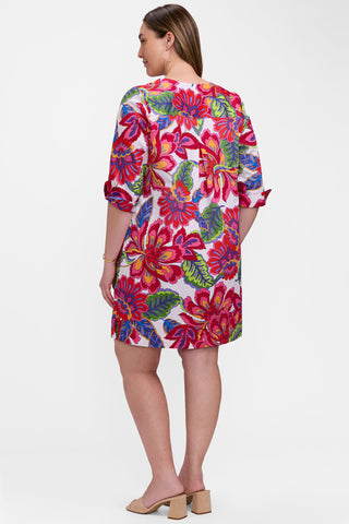 Back view of model wearing the Vena Plus Paradise Blooms 3/4 Sleeve Dress and it's bright bold colors 