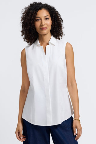 Front view of women wearing Taylor No Iron Stretch Sleeveless Shirt #color_white