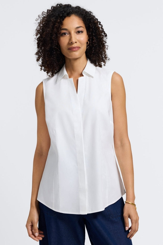 Front view of women wearing Taylor No Iron Stretch Sleeveless Shirt #color_white