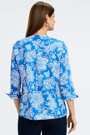 Vena Woodblock Floral 3/4 Sleeve Popover Shirt