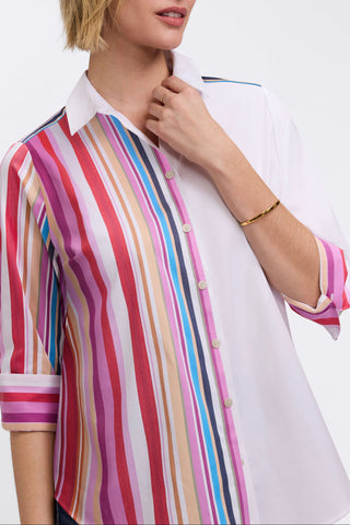 Close up front view of the ombre stripes featured on the Charlie Plus Variegated Stripe 3/4 Sleeve Shirt