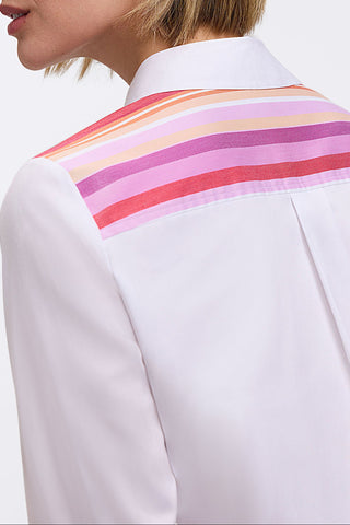 Back view of the Charlie Plus Variegated Stripe 3/4 Sleeve Shirt showing the ombre stripes across the yoke 