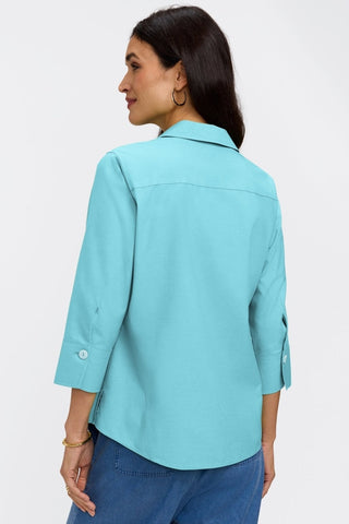 Rear view of the Paityn pinpoint 3/4 sleeve shirt in #color_capri