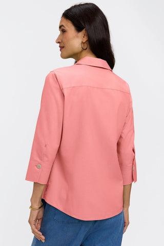 Rear view of the Paityn pinpoint 3/4 sleeve shirt in #color_coral reef