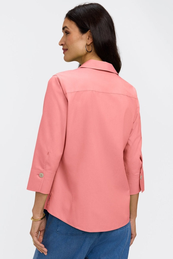 Rear view of the Paityn pinpoint 3/4 sleeve shirt in #color_coral reef