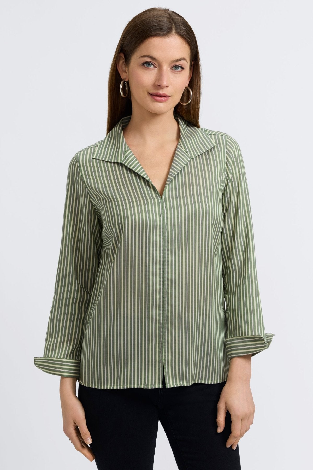 Foxcroft Agnes long-sleeve blouse in basil mini stripe