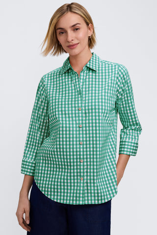 Front view of model wearing the Margie Gingham Stretch Matte Sateen 3/4 Sleeve Shirt untucked with a pair of jeans #color_kelly green/white gingham