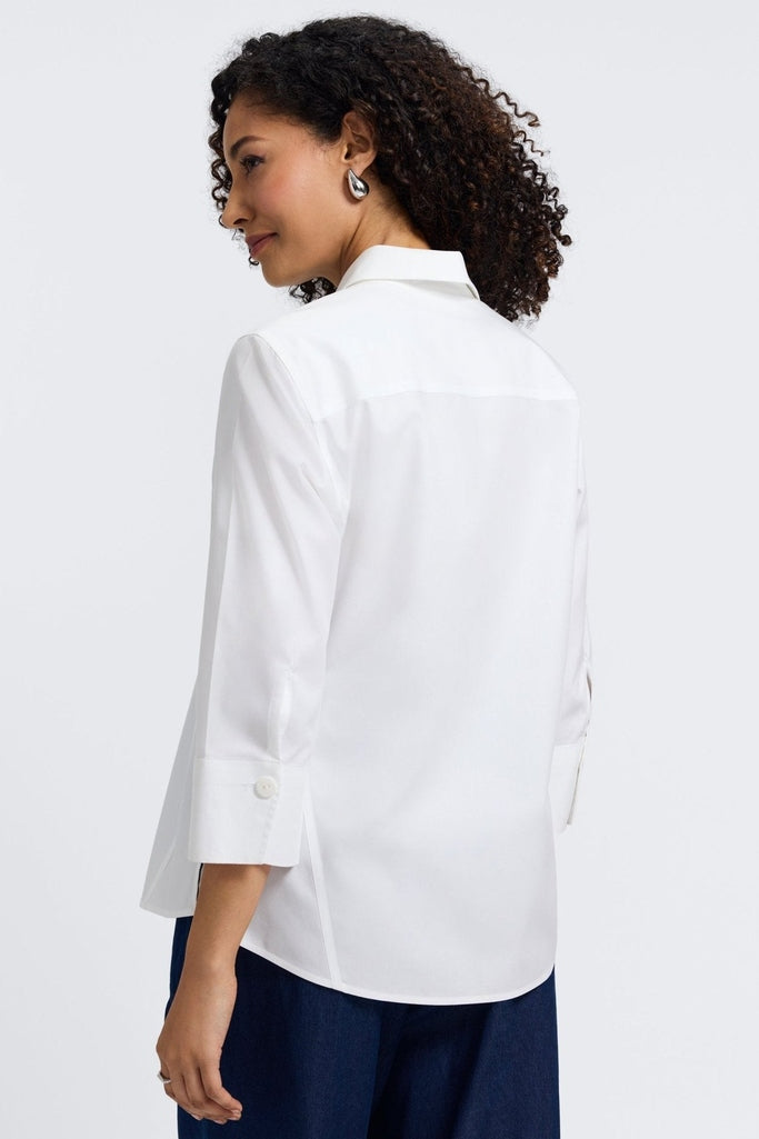 Rear view of the Paityn pinpoint 3/4 sleeve shirt in #color_white