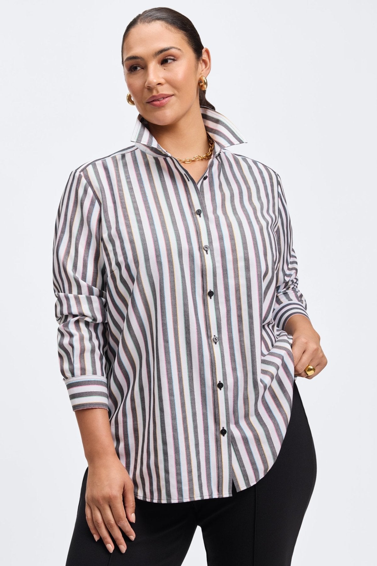 Boyfriend Plus Rainbow Lurex Stripe Long Sleeve Shirt