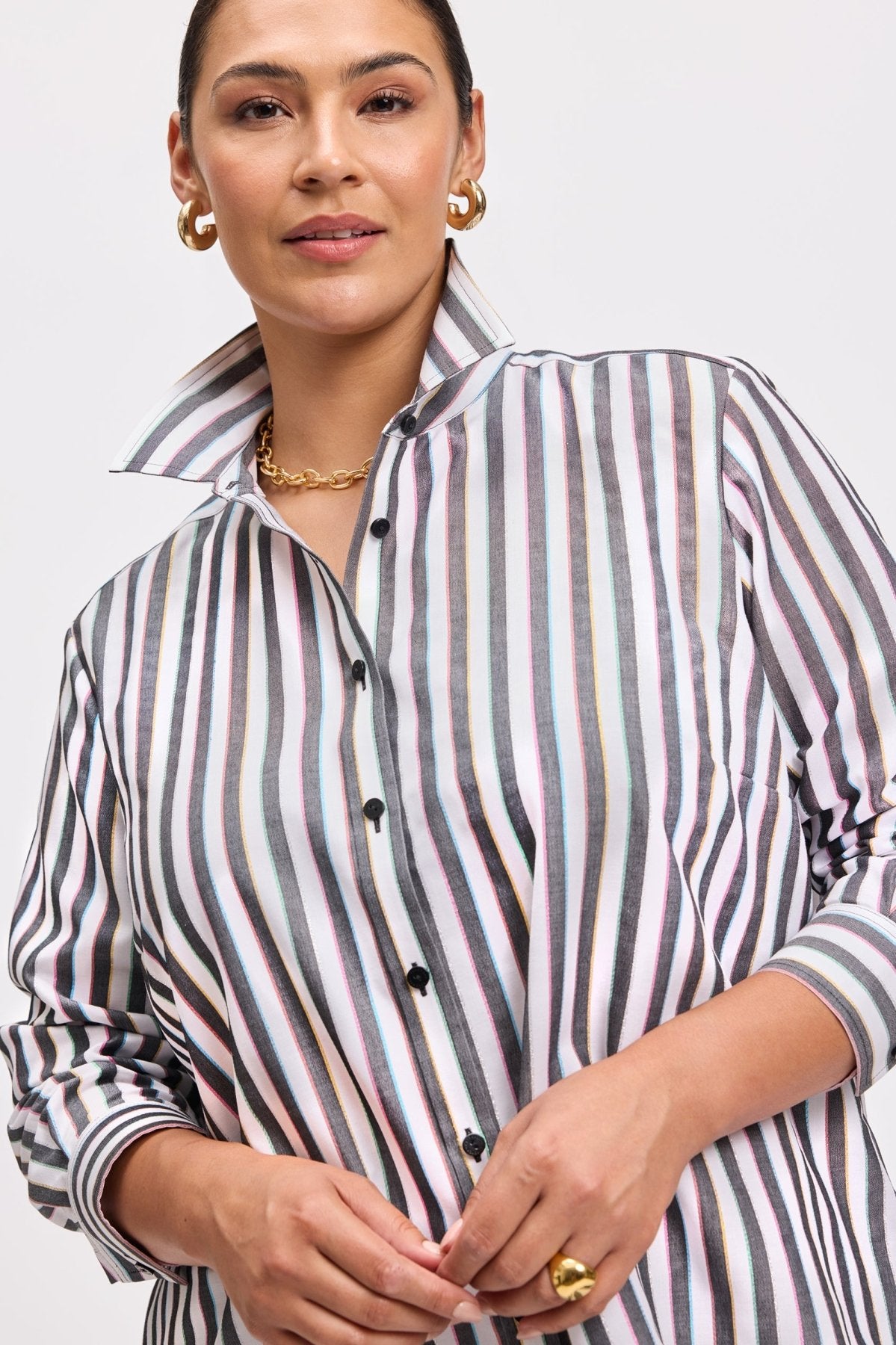 Boyfriend Plus Rainbow Lurex Stripe Long Sleeve Shirt