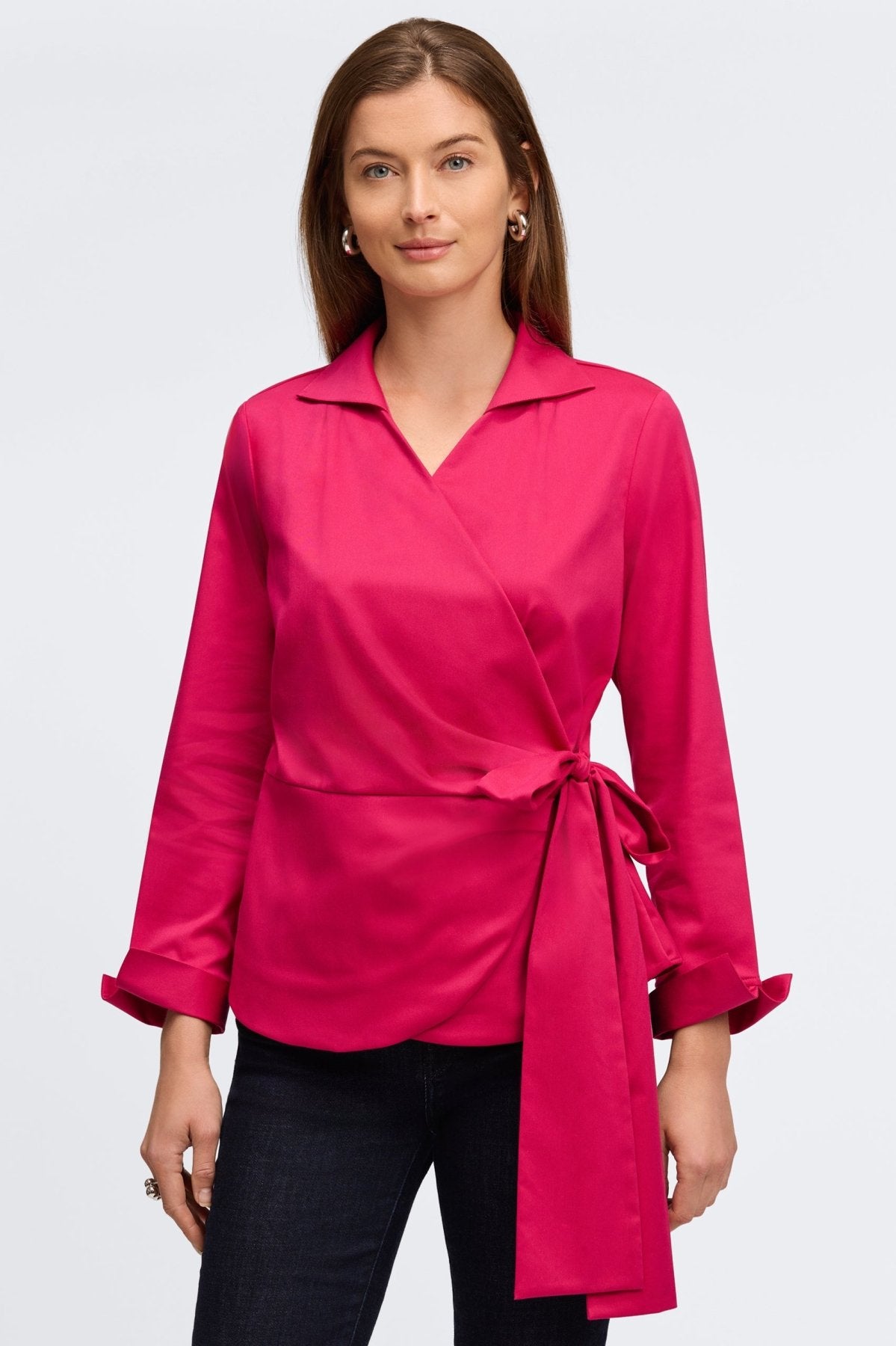 Woman in Foxcroft Ruby pink tailored shirt with flattering feminine fit