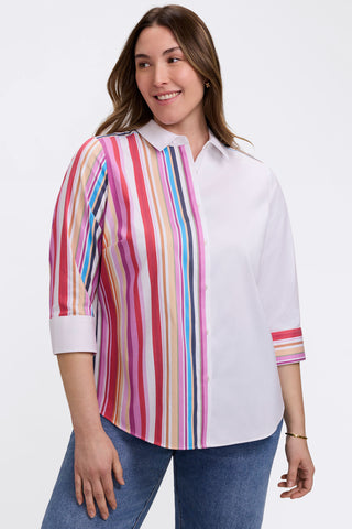 Front view of model wearing the Charlie Plus Variegated Stripe 3/4 Sleeve Shirt