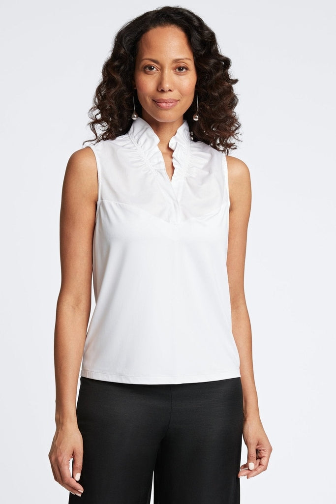 Sophisticated white Foxcroft no-iron shirt with sleeveless design for a flattering fit.