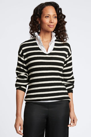 Striped Sweater over Tammy Knit-Woven Ruffle Collar Sleeveless Layering Tank #color_white