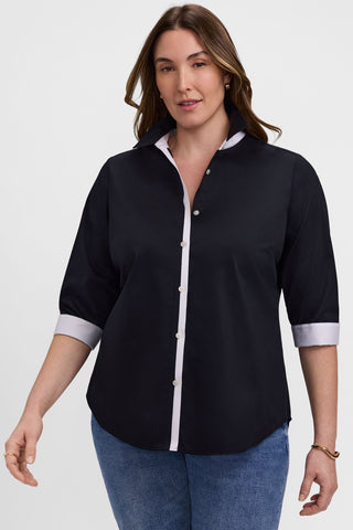 Front view of the Charlie Plus White Trim 3/4 Sleeve Shirt showing off the contrast white placekt