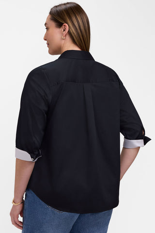 Back view of model wearing the Charlie Plus White Trim 3/4 Sleeve Shirt showing off the back yoke 