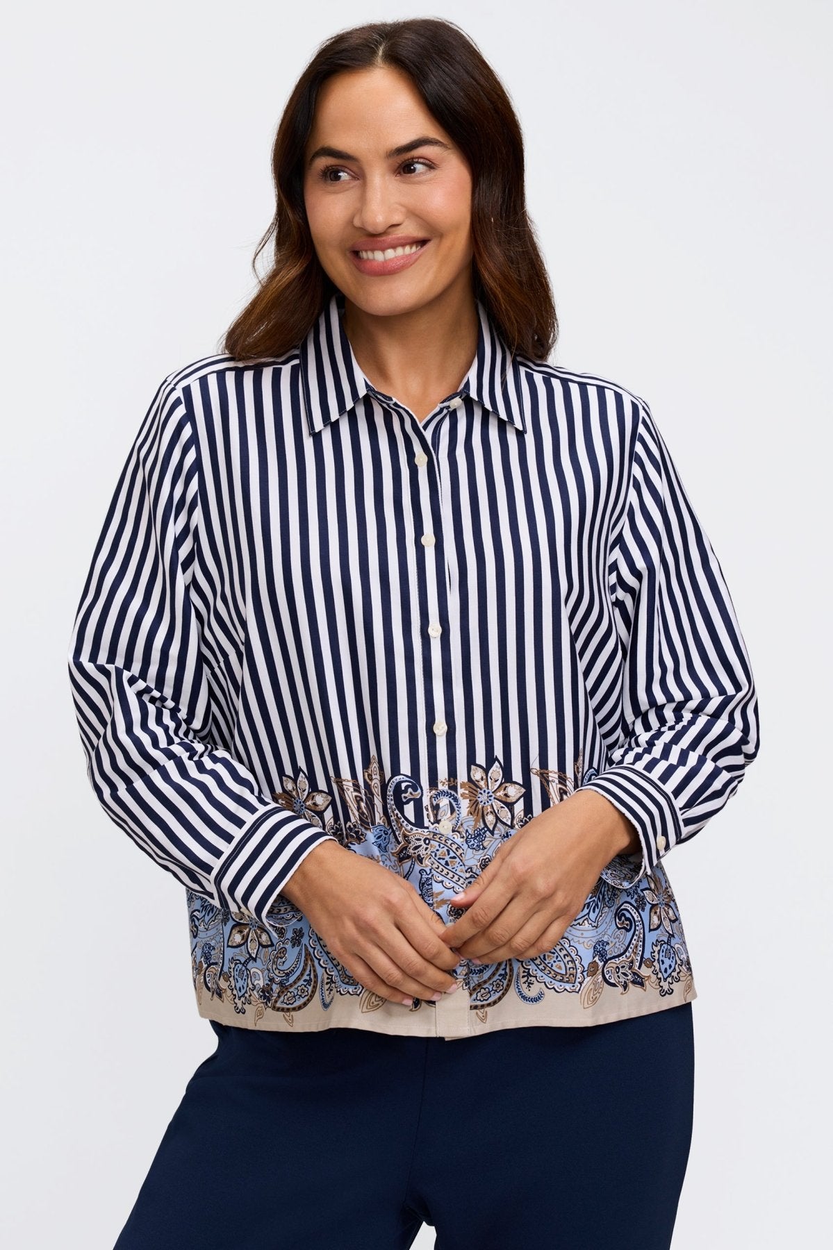 Jodie Plus Stripe Paisley Long Sleeve Short Shirt