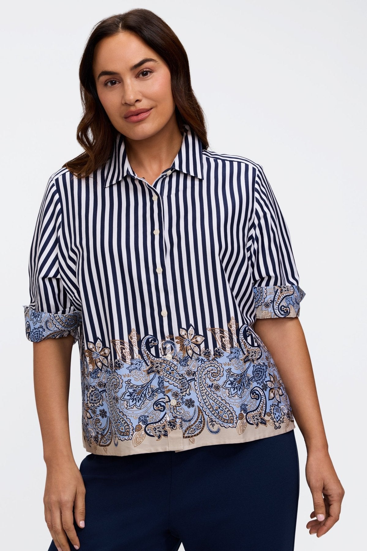 Jodie Plus Stripe Paisley Long Sleeve Short Shirt