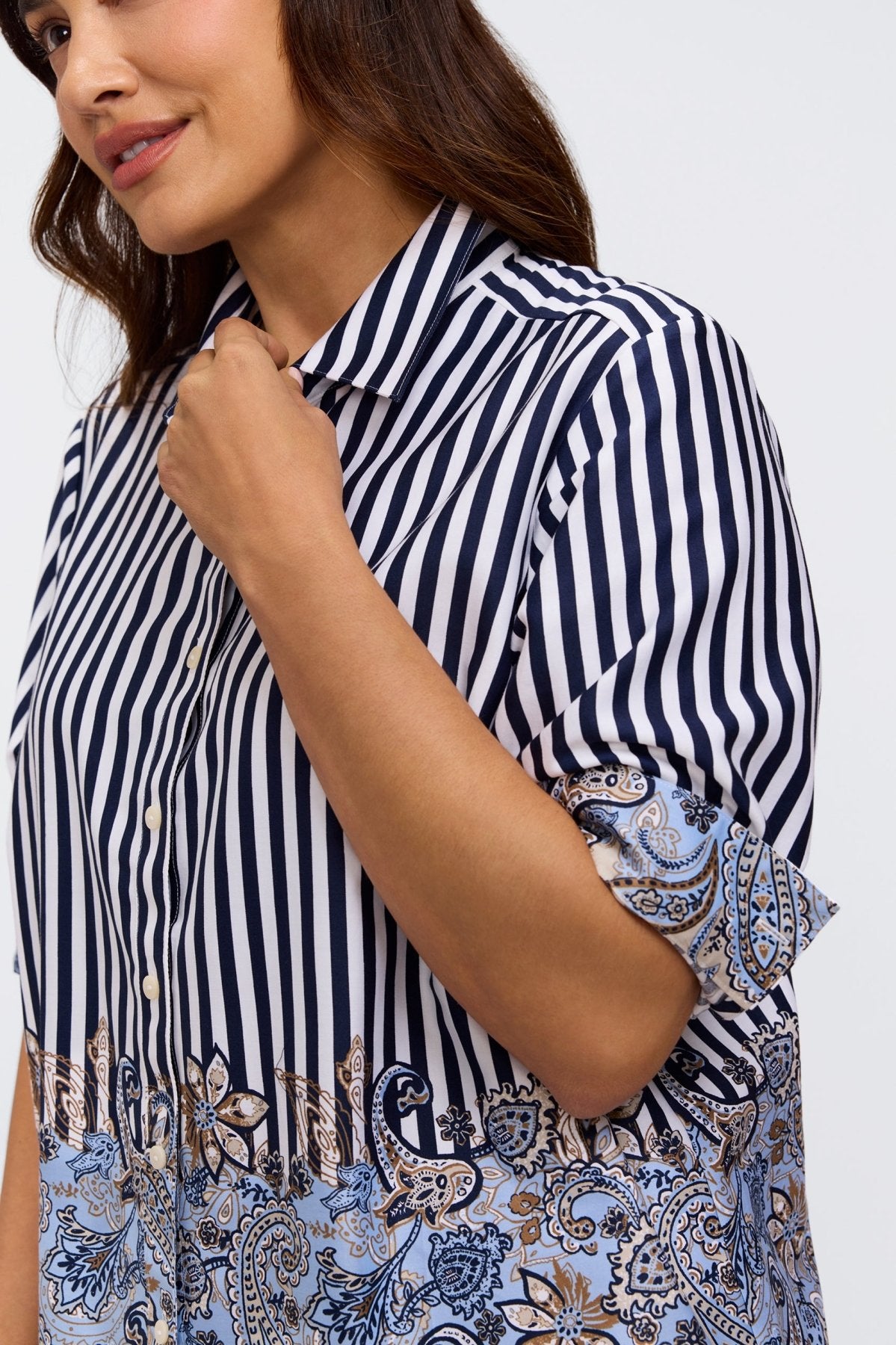 Jodie Plus Stripe Paisley Long Sleeve Short Shirt