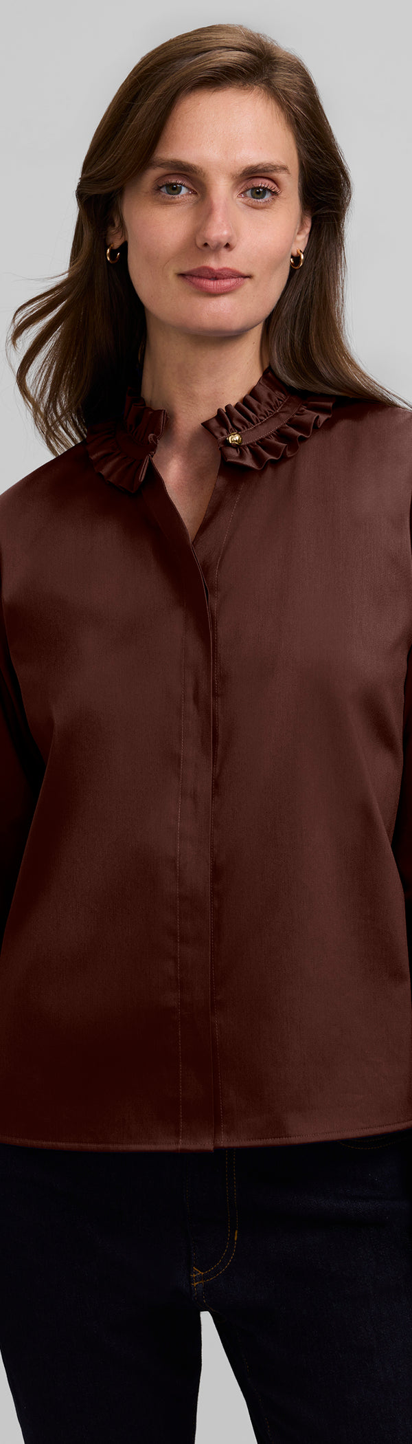 Colette Stretch Matte Sateen Ruffle Long Sleeve Shirt