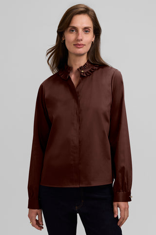 Colette Stretch Matte Sateen Ruffle Long Sleeve Shirt