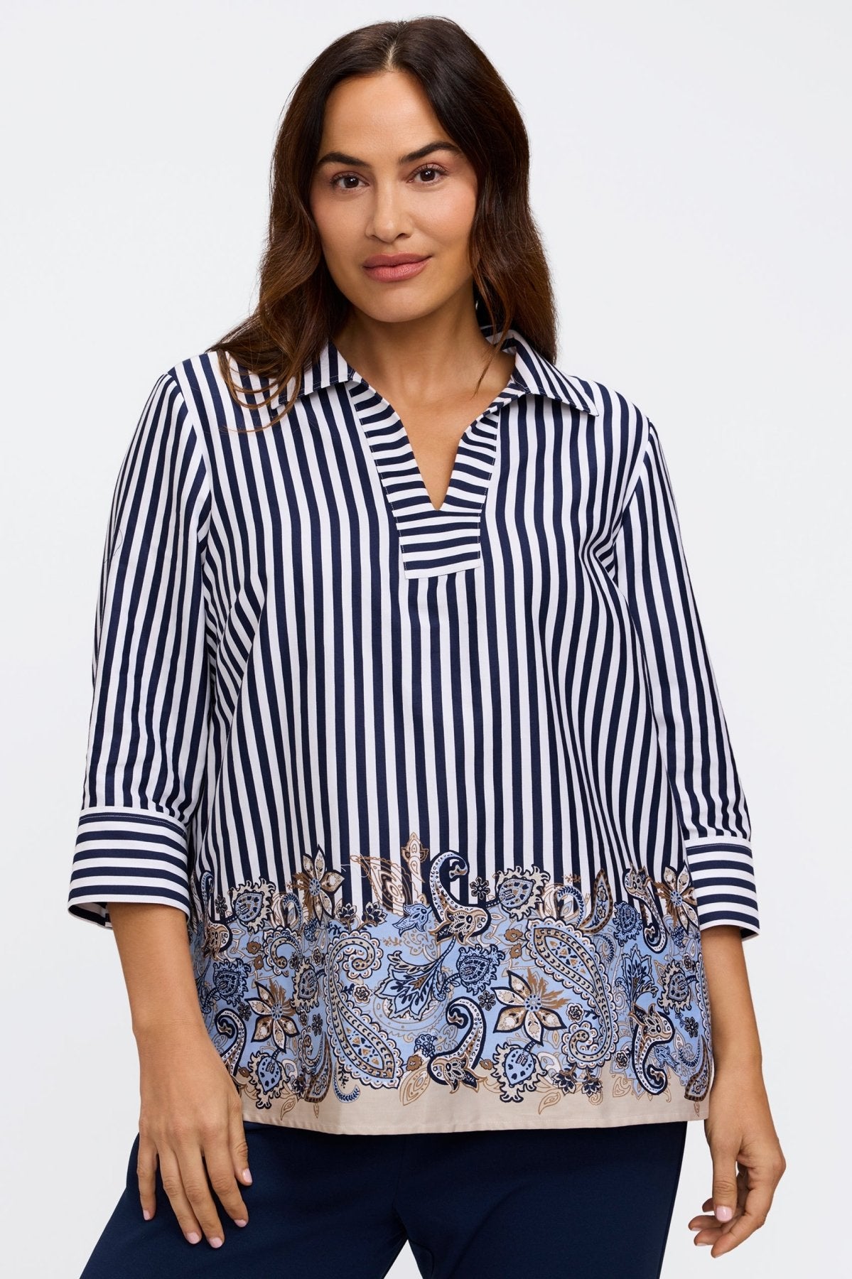 Julia Plus Stripe Paisley 3/4 Sleeve Popover Shirt