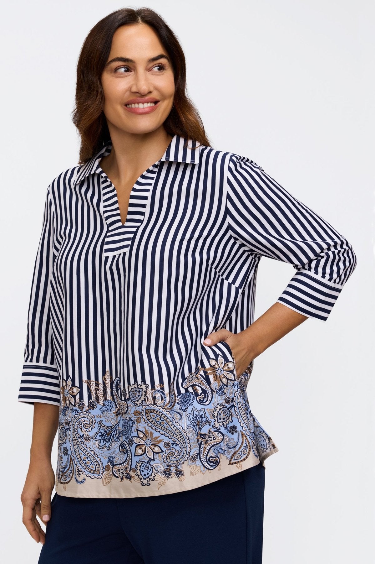 Julia Plus Stripe Paisley 3/4 Sleeve Popover Shirt