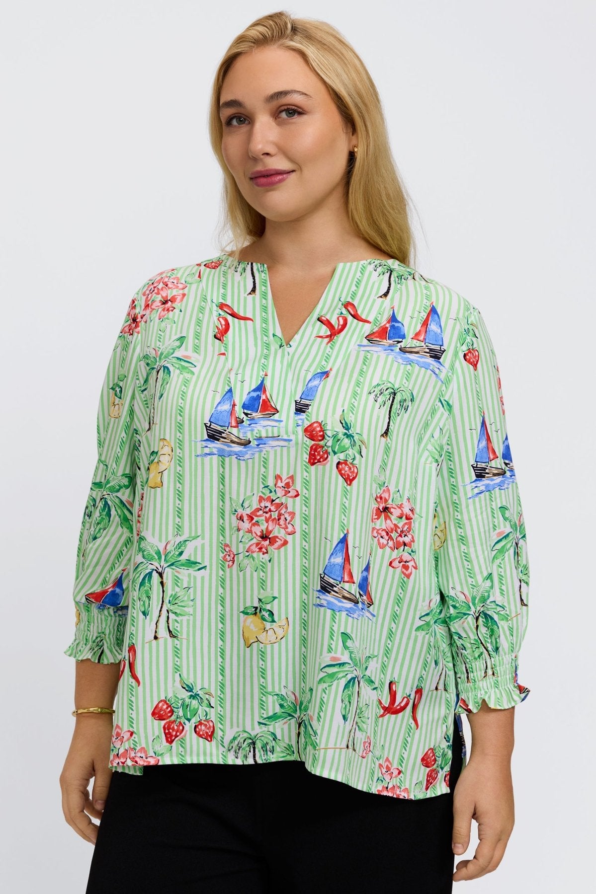 Alicia Plus Resort Stripe 3/4 Sleeve Popover Shirt