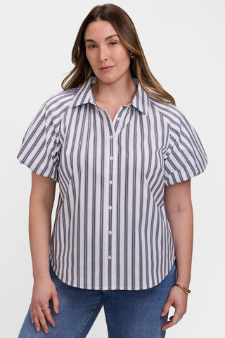 Front view of the Paula Plus Striped Puff Sleeve Shirt featuring the striped detailed placket 