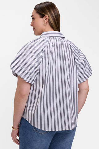 Back view of the Paula Plus Striped Puff Sleeve Shirt showing on the stripe-within-stripe pattern of the shirt 