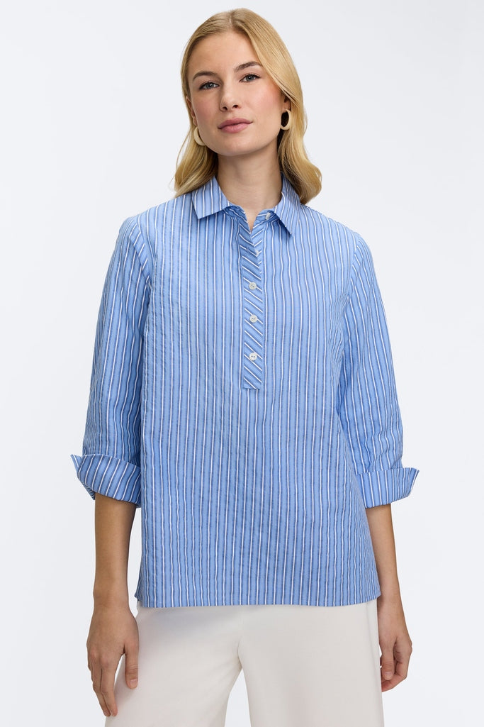 Therese Blue Seersucker 3/4 Sleeve Popover Shirt