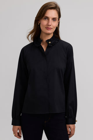 Colette Stretch Matte Sateen Ruffle Long Sleeve Shirt