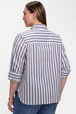 Back view of the Meghan Plus Striped Roll Tab Sleeve Shirt worn untucked