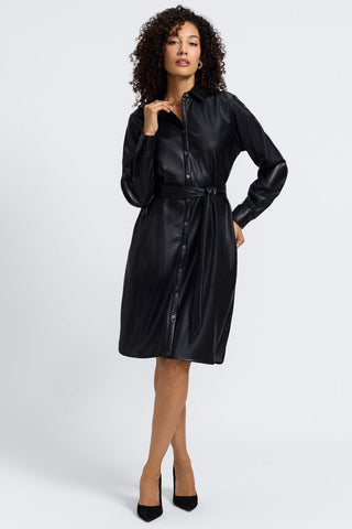 Foxcroft Women's Rocca Long Sleeve Faux Leather Shirtdress - Black