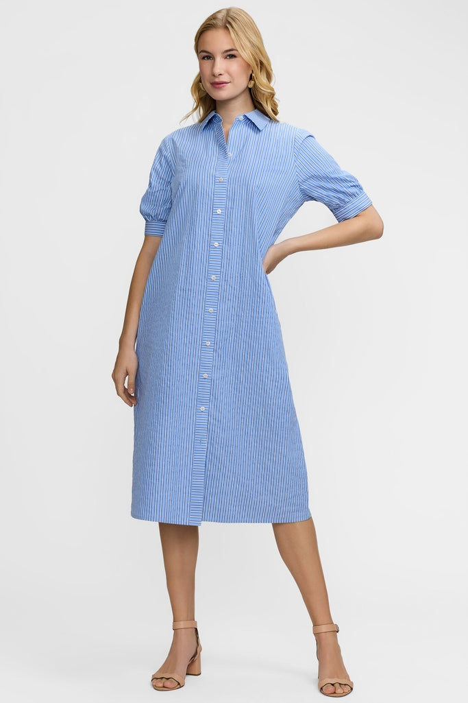 Esther Blue Seersucker Elbow Sleeve Dress