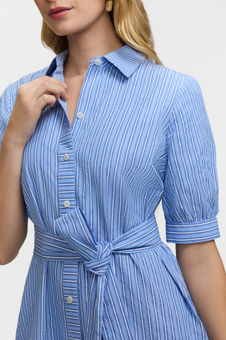 Esther Petite Blue Seersucker Elbow Sleeve Dress