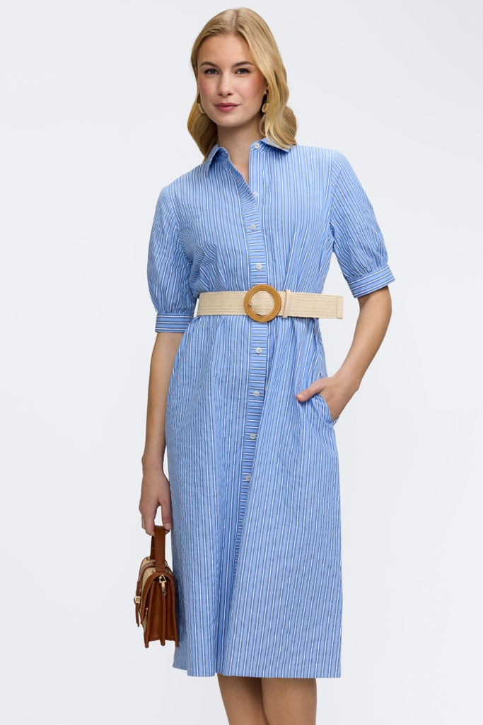 Esther Blue Seersucker Elbow Sleeve Dress