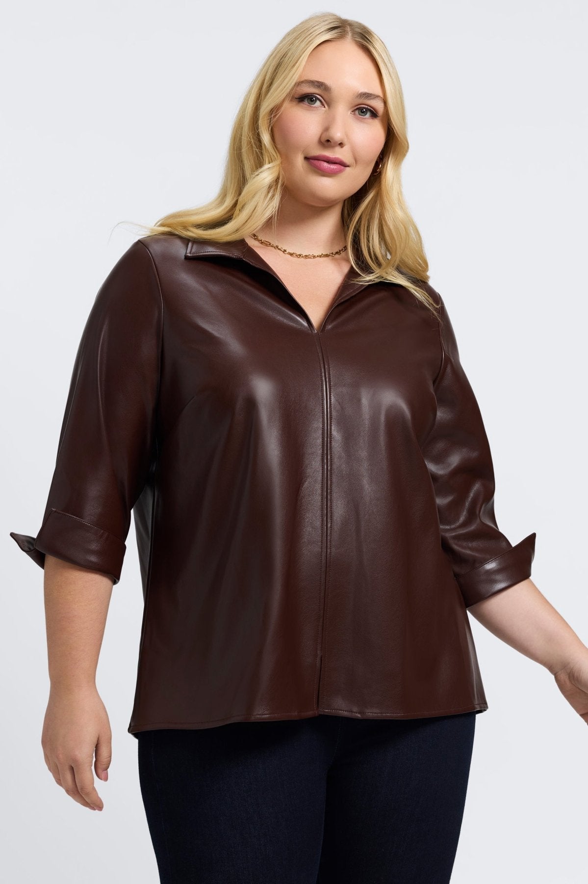 Agnes Plus Vegan Leather 3/4 Sleeve Popover Shirt