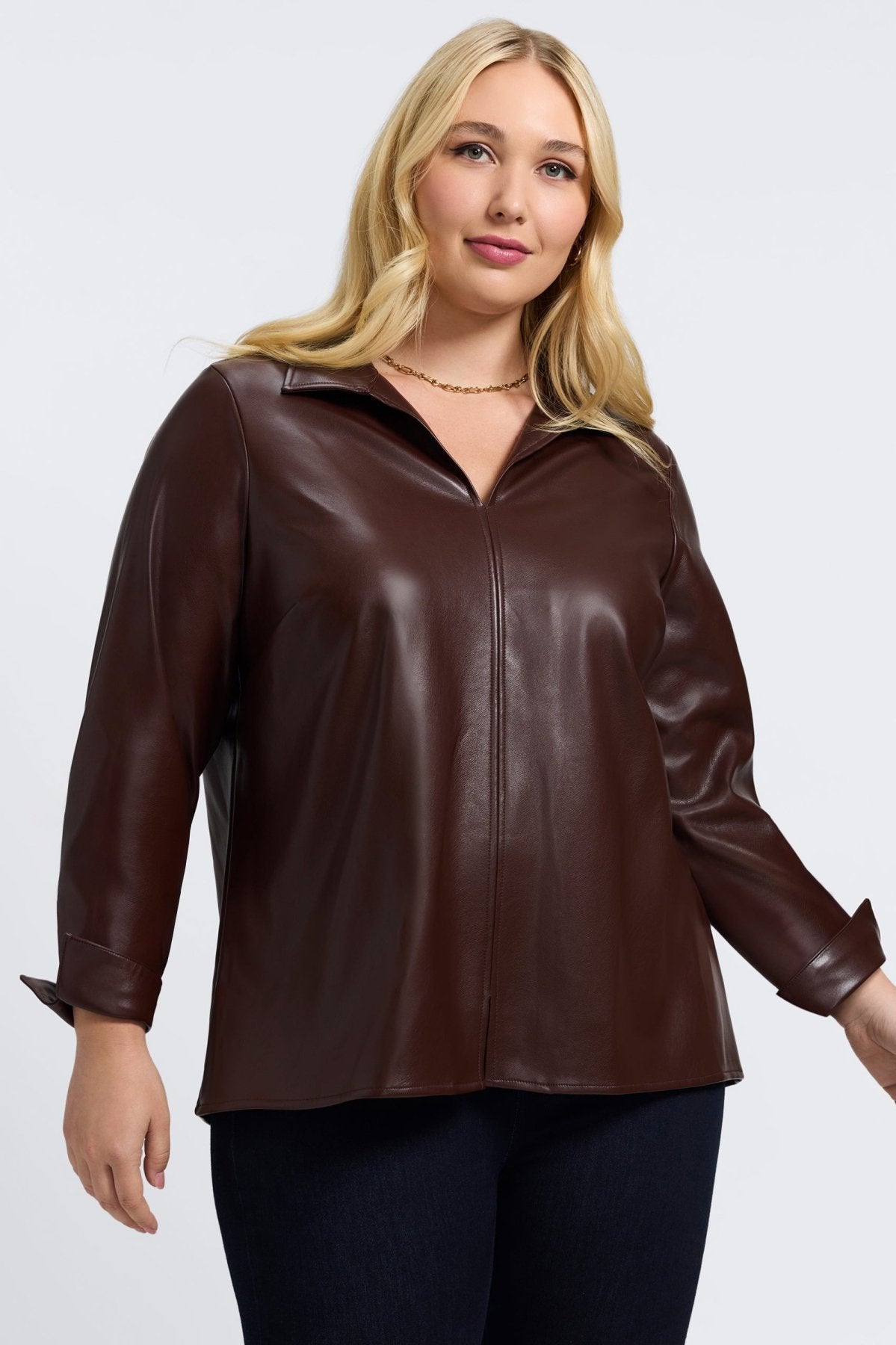 Agnes Plus Vegan Leather Long Sleeve Popover Shirt