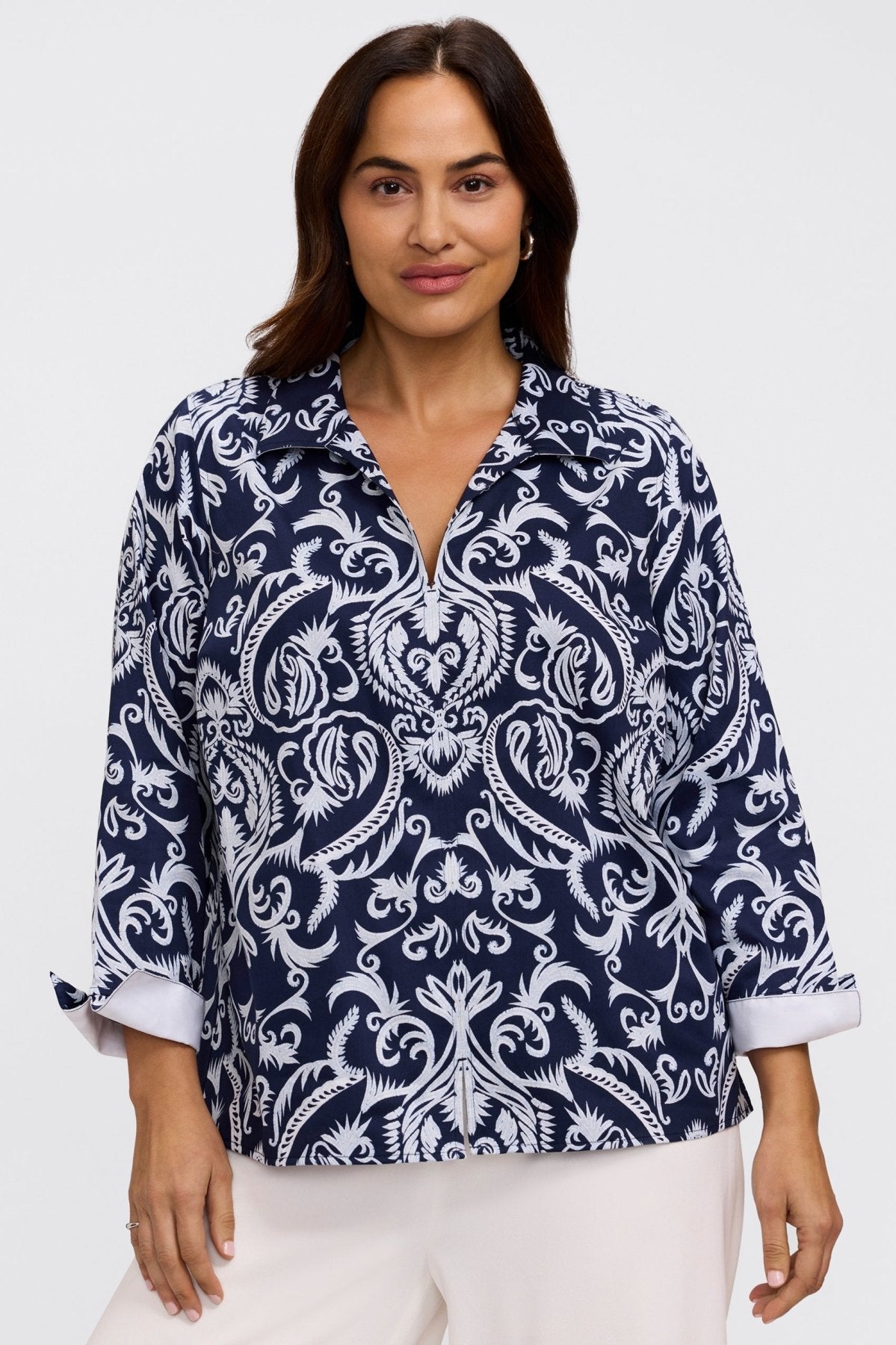 Agnes Plus Printed Damask Long Sleeve Popover Shirt